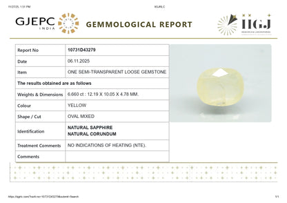 Natural Yellow Sapphire (Pukhraj) 6.66 Carats