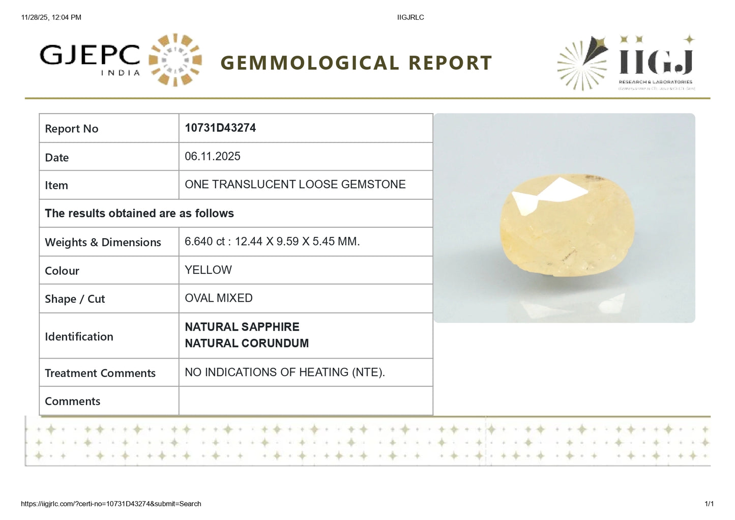 Natural Yellow Sapphire (Pukhraj) 6.64 Carats