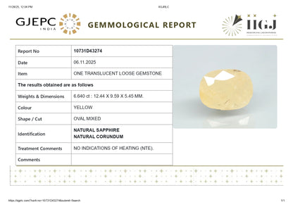 Natural Yellow Sapphire (Pukhraj) 6.64 Carats