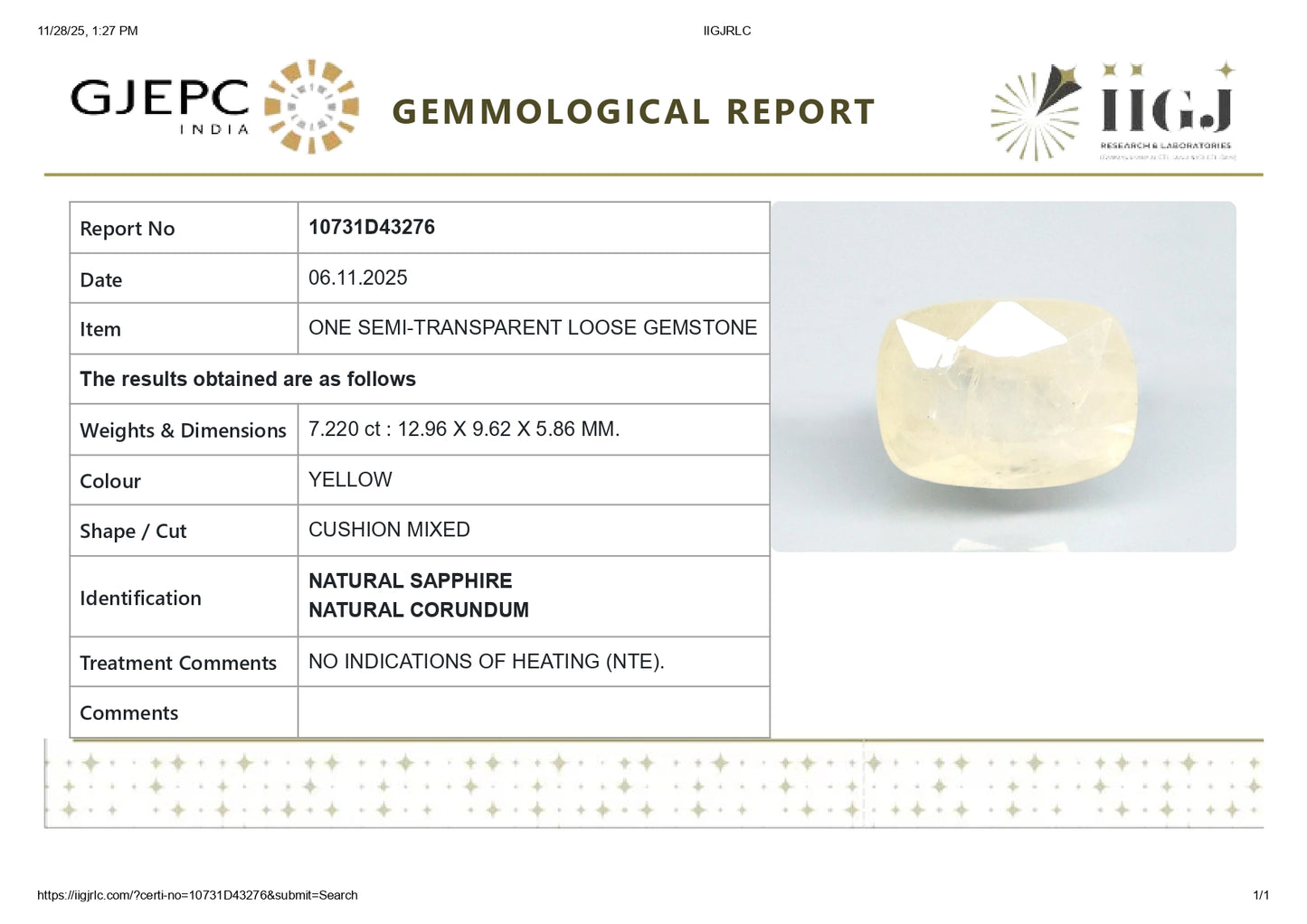 NATURAL YELLOW SAPPHIRE (PUKHRAJ) 7.22 CARATS
