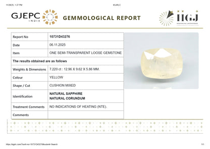 NATURAL YELLOW SAPPHIRE (PUKHRAJ) 7.22 CARATS