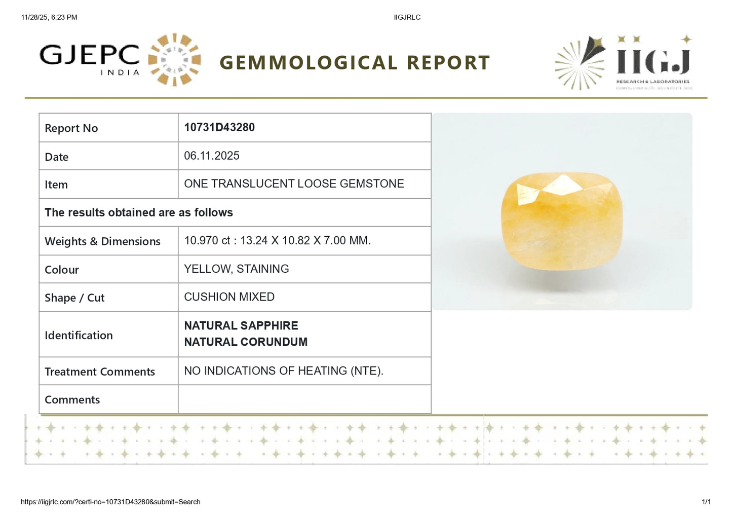 Natural Yellow Sapphire (Pukhraj) 10.97 Carats