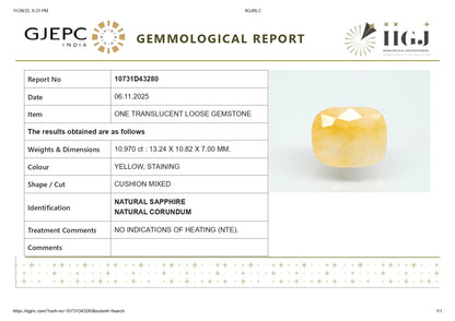 Natural Yellow Sapphire (Pukhraj) 10.97 Carats