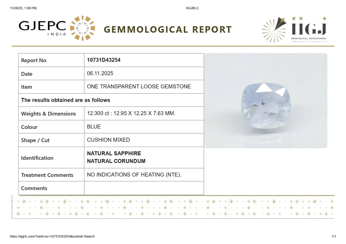 Natural Blue Sapphire (Neelam) 12.30 Carats