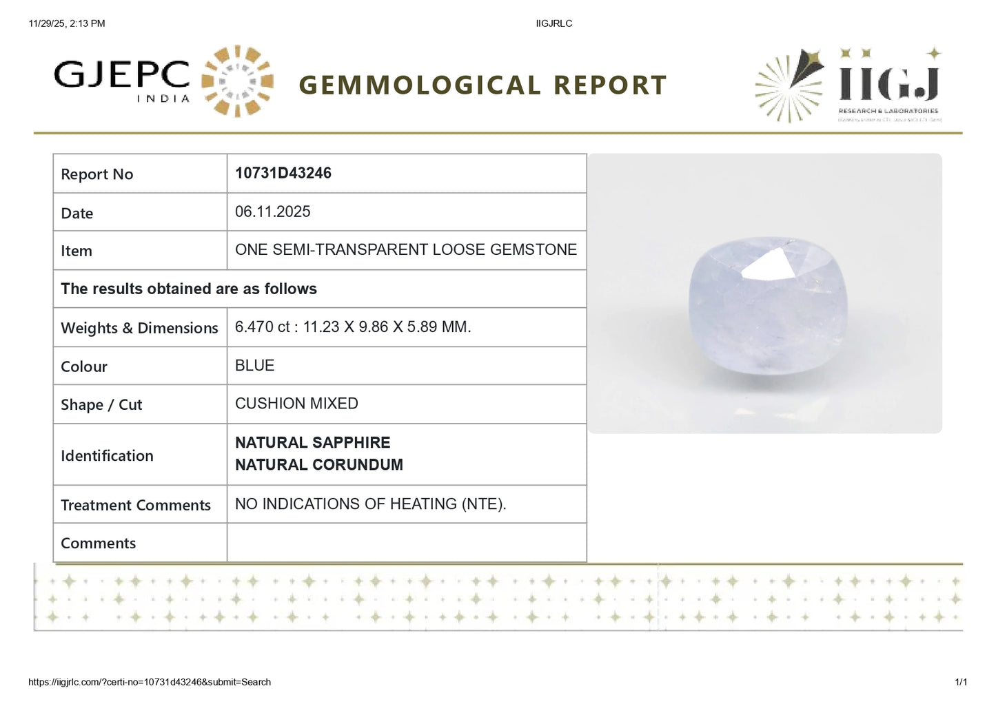 Natural Blue Sapphire (Neelam) 6.47 Carats