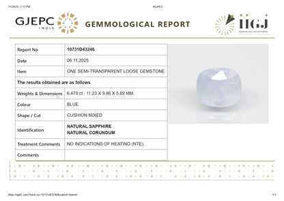Natural Blue Sapphire (Neelam) 6.47 Carats