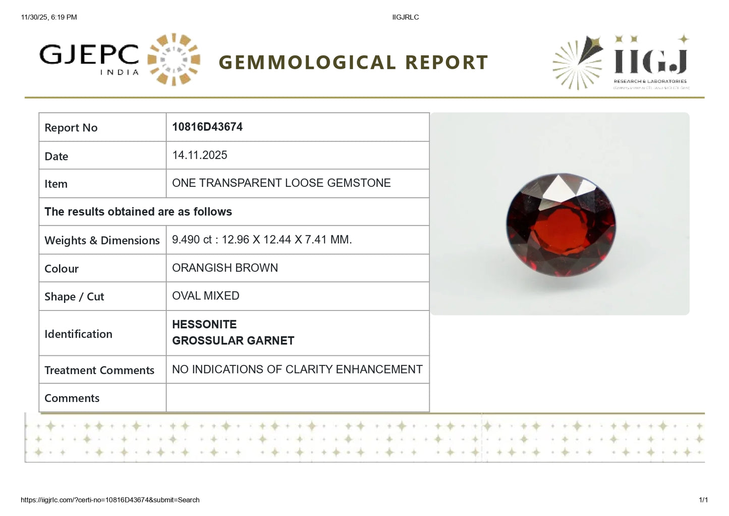 Natural Sri-Lankan Hessonite (Gomed) 9.49 Carats
