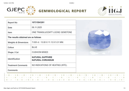 Natural Blue Sapphire (Neelam) 7.63 Carats