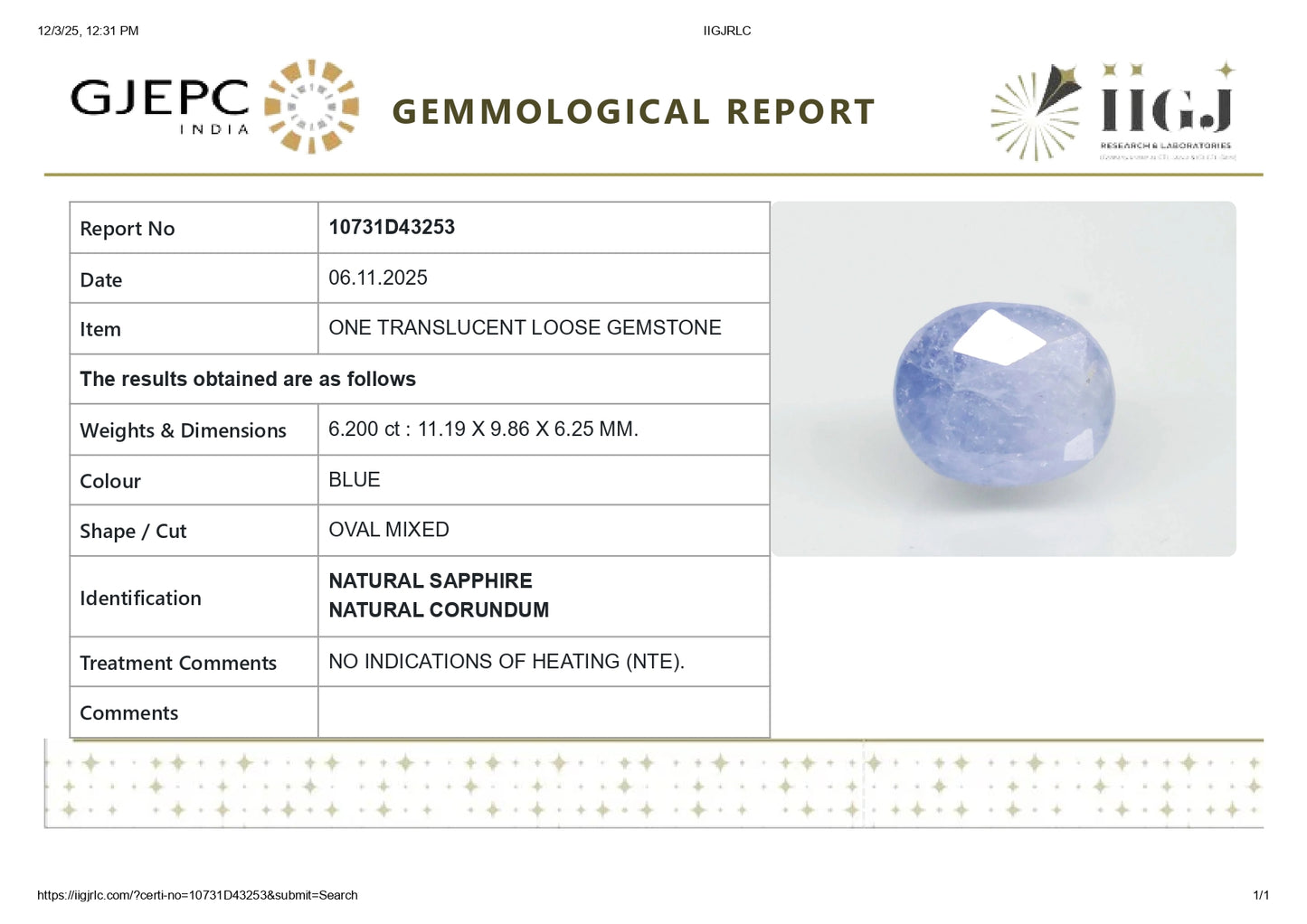 Natural Blue Sapphire (Neelam) 6.20 Carats