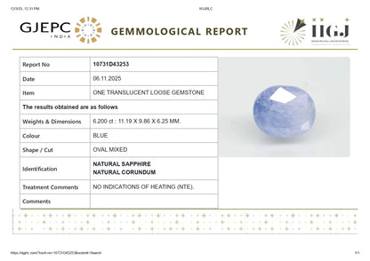 Natural Blue Sapphire (Neelam) 6.20 Carats