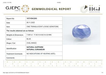 Natural Blue Sapphire (Neelam) 7.56 Carats