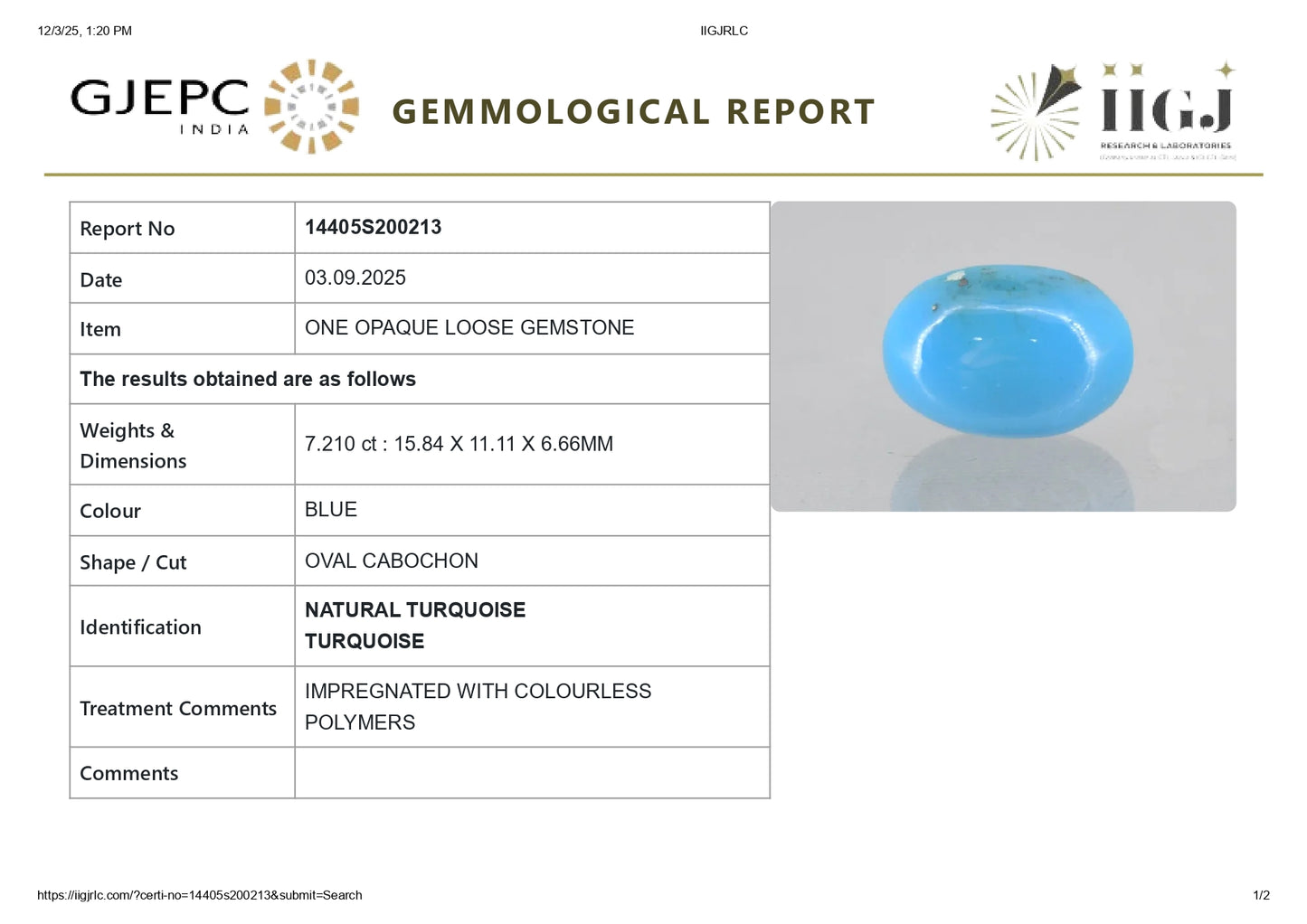 Natural Turquoise (Firoza) 7.21 Carats