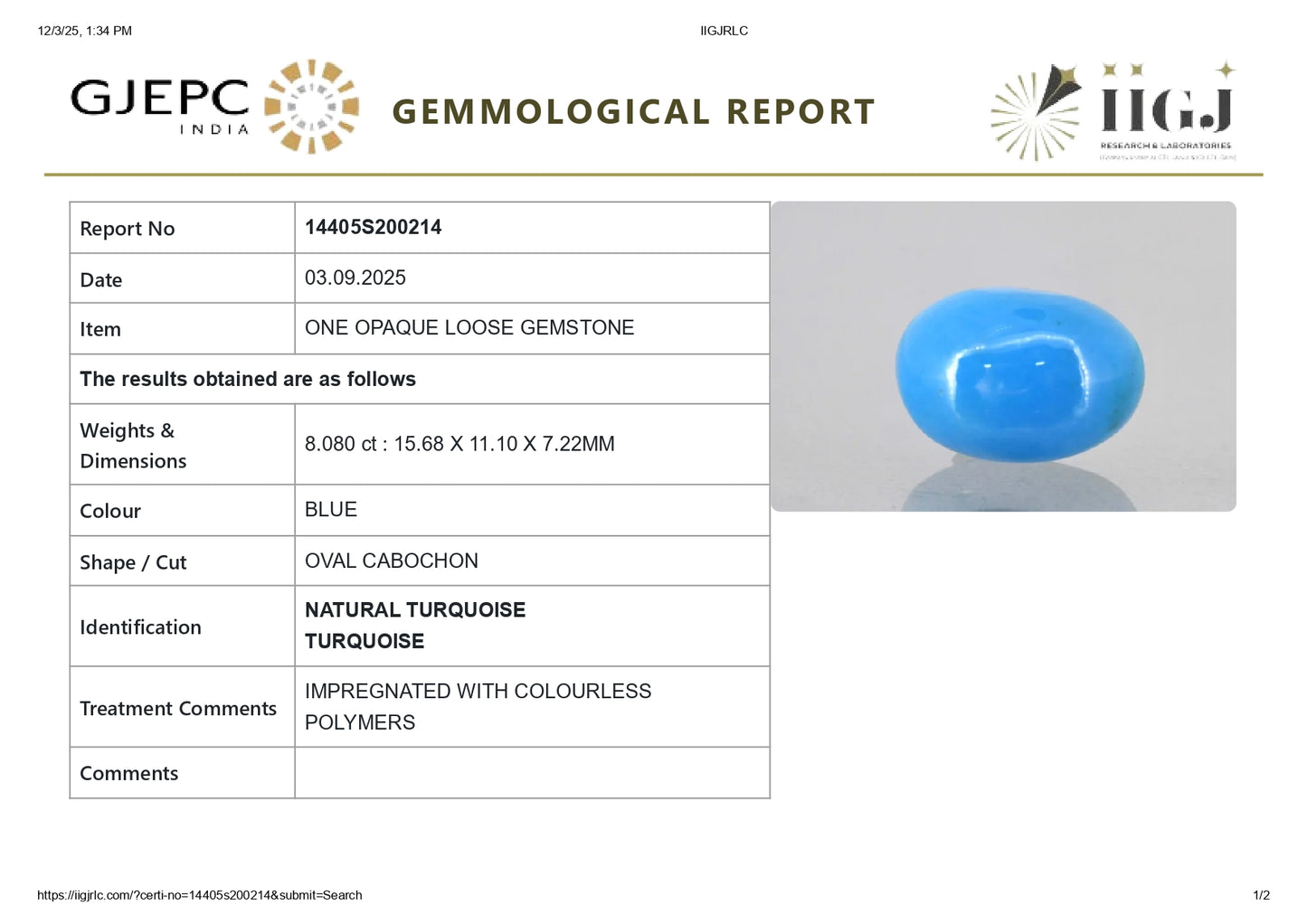 NATURAL TURQUOISE (FIROZA) 8.08 CARATS
