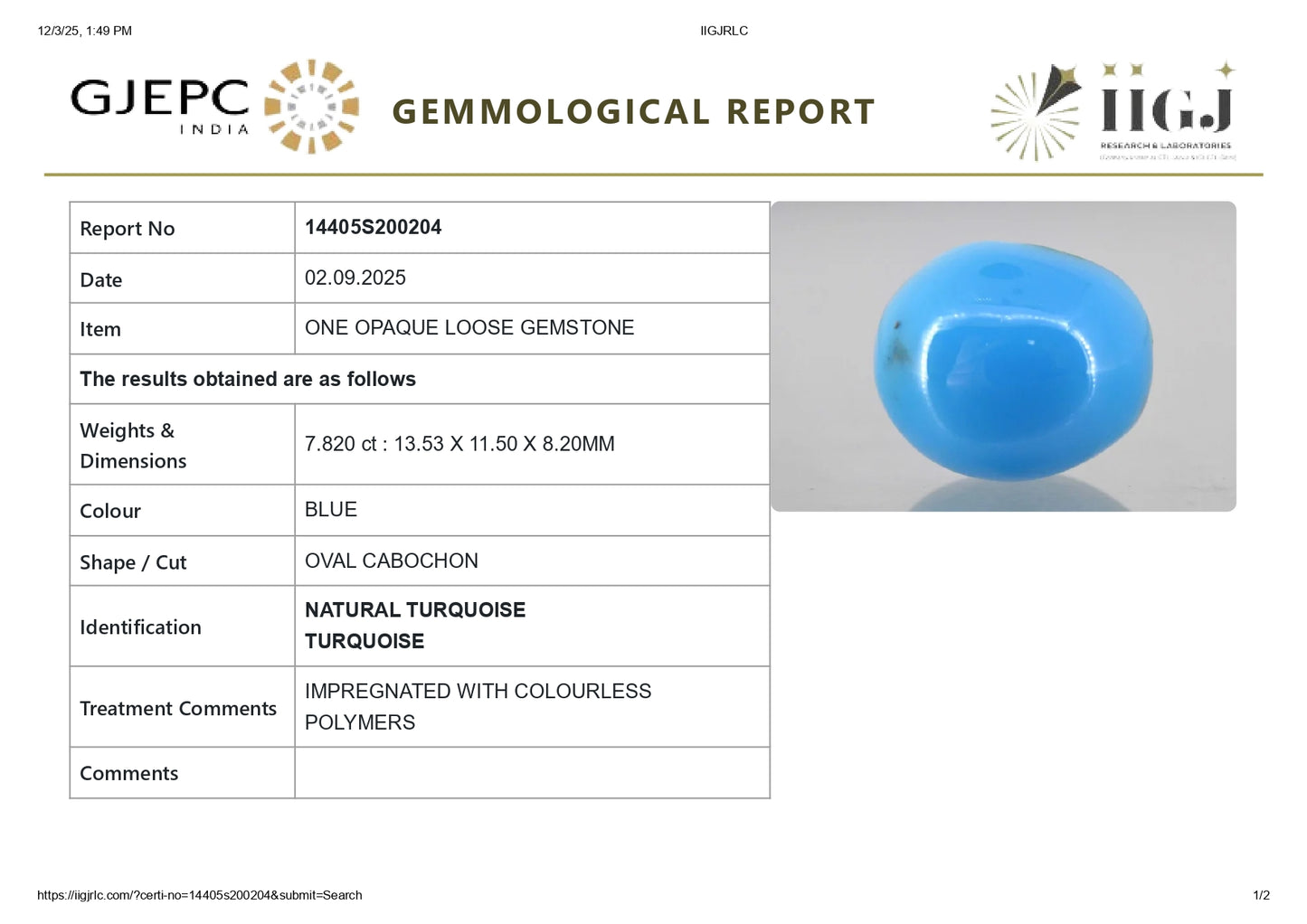 Natural Turquoise (Firoza) 7.82 Carats