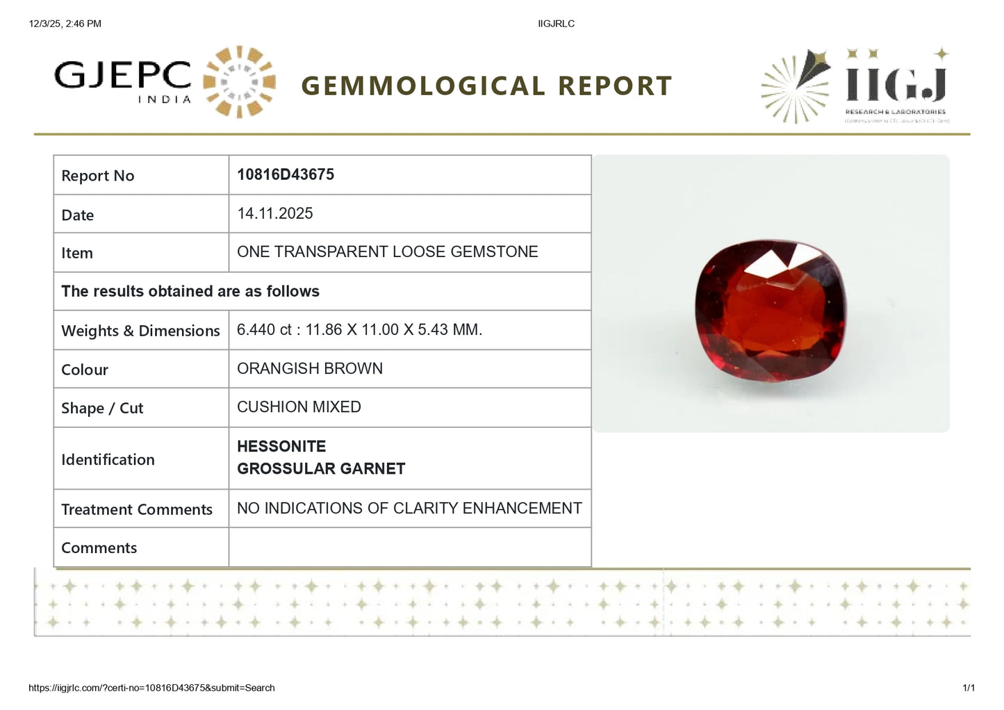 NATURAL HESSONITE (GOMED) 6.44 CARATS