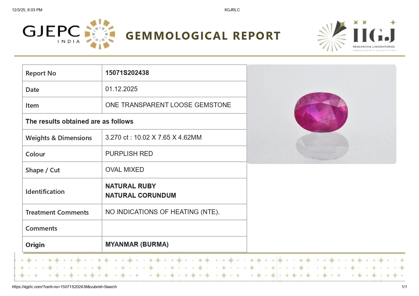 Burmese Ruby (Manik) 3.27 Carats