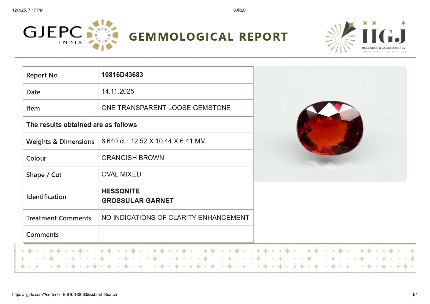NATURAL HESSONITE (GOMED) 6.64 CARATS
