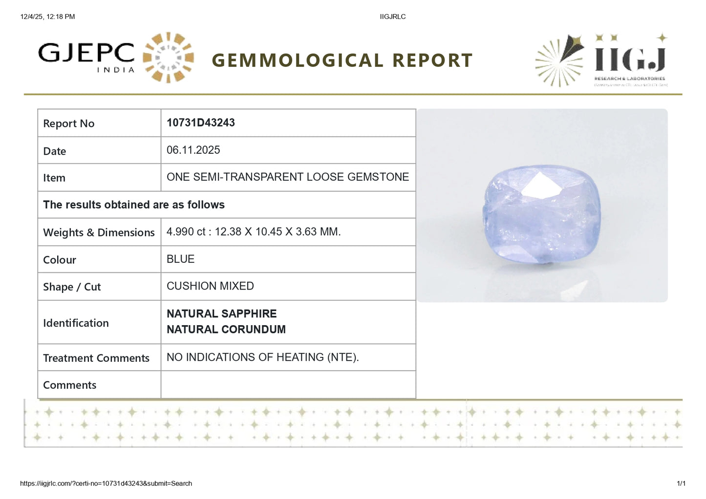 Natural Blue Sapphire (Neelam) 4.99 Carats