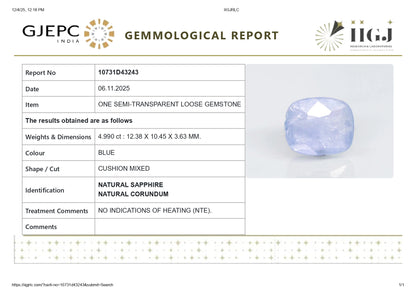 Natural Blue Sapphire (Neelam) 4.99 Carats