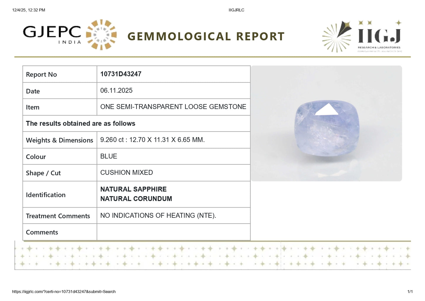 Natural Blue Sapphire (Neelam) 9.03 Carats