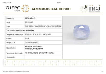 Natural Blue Sapphire (Neelam) 9.03 Carats