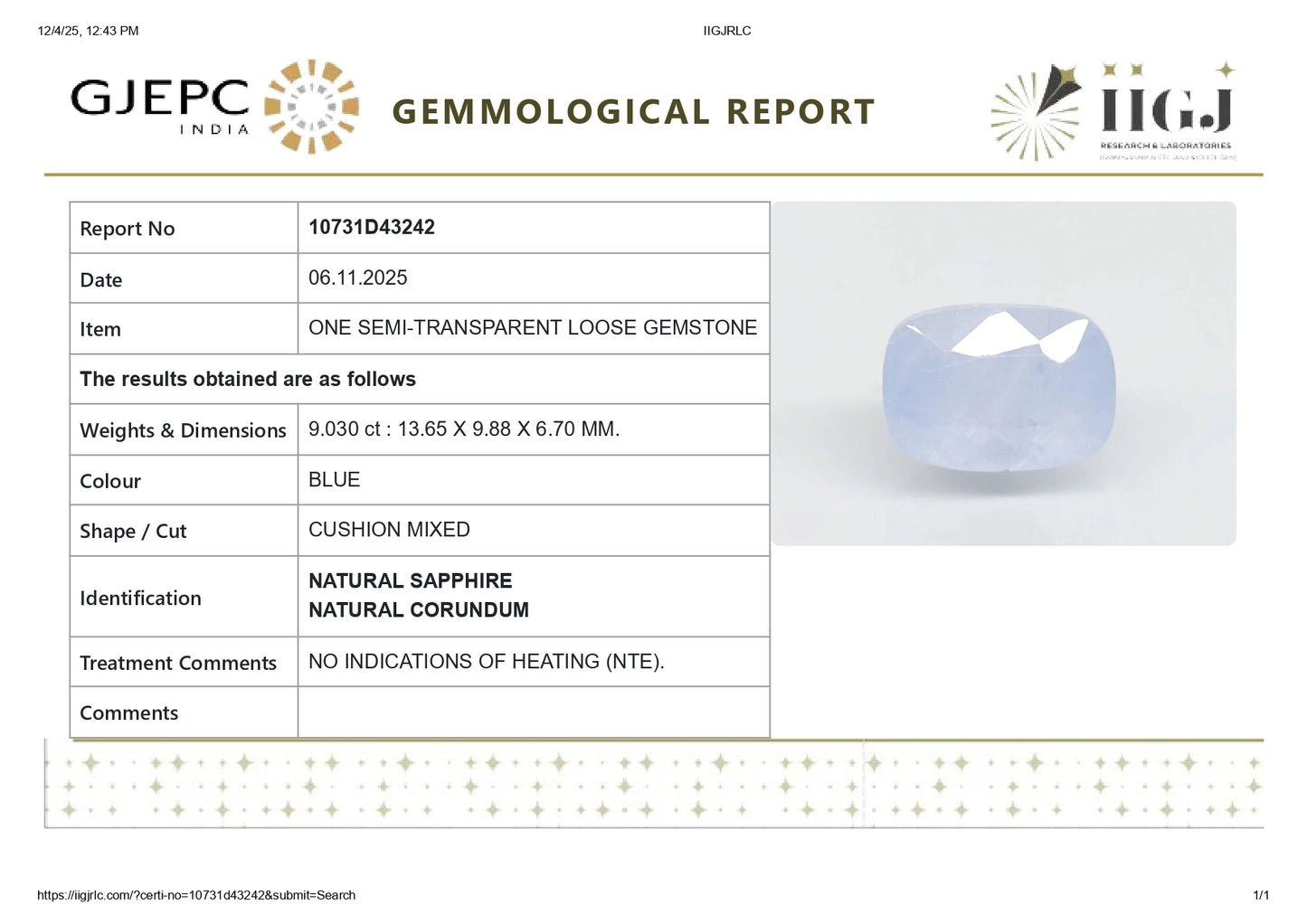 NATURAL BLUE SAPPHIRE (NEELAM) 9.03 CARATS
