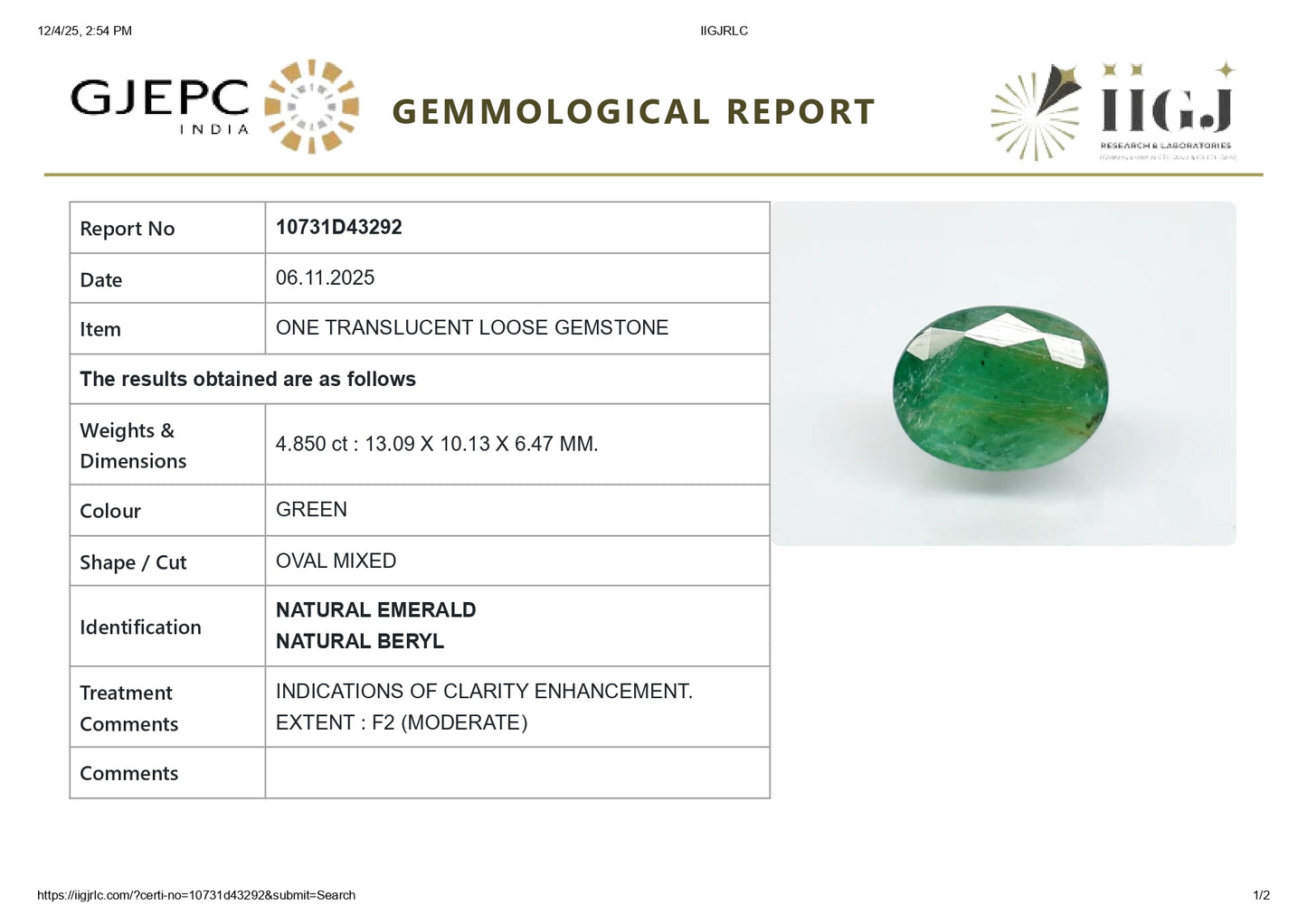 Natural Zambian Emerald (Panna) 4.85 Carats