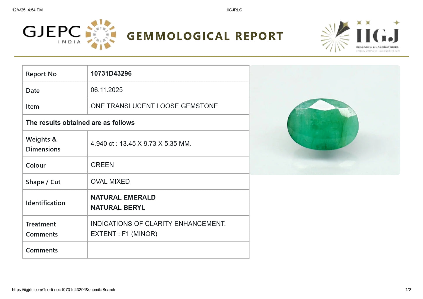 Natural Zambian Emerald (Panna) 4.94 Carats