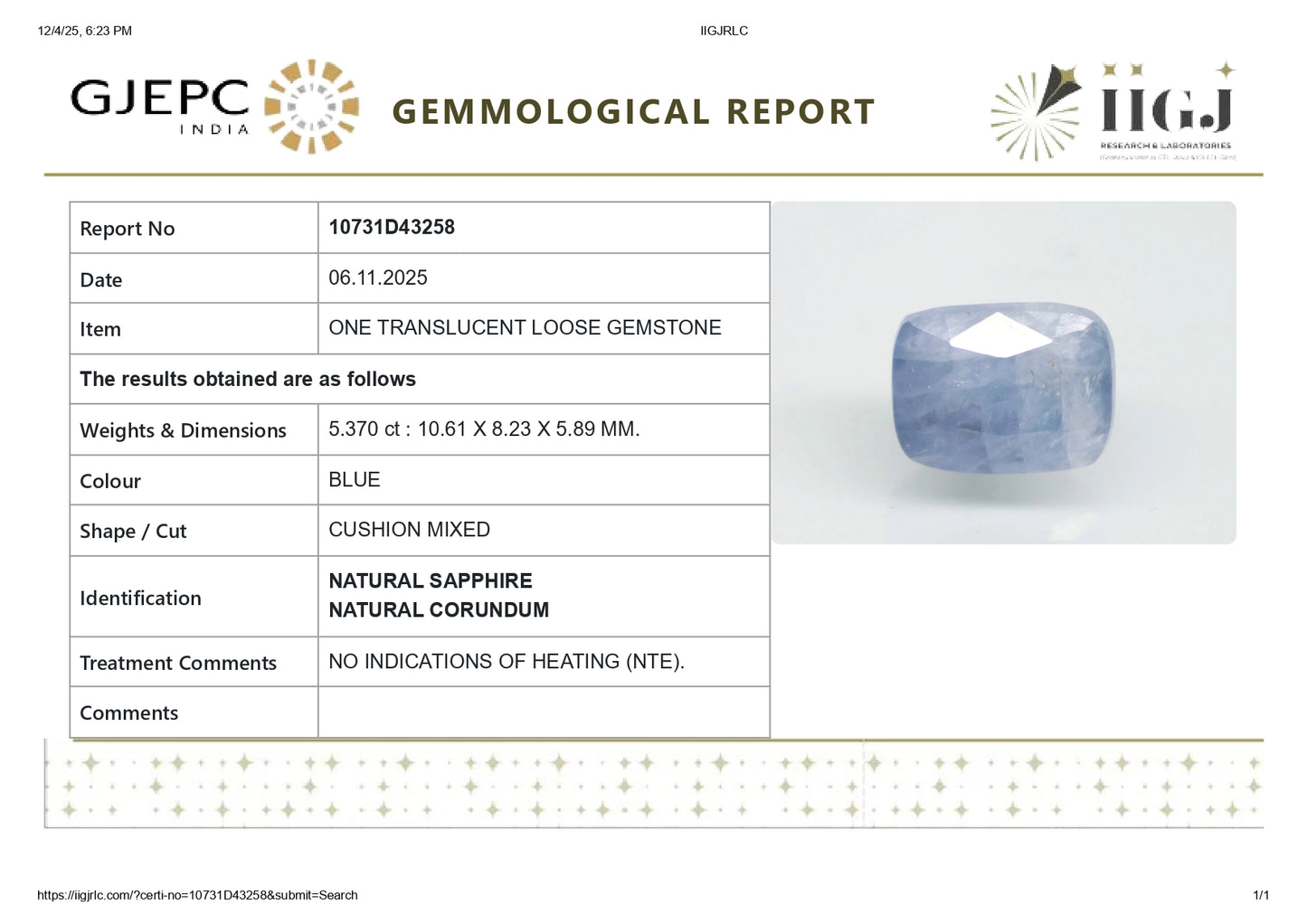 Natural Blue Sapphire (Neelam) 5.37 Carats