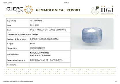 Natural Blue Sapphire (Neelam) 5.37 Carats