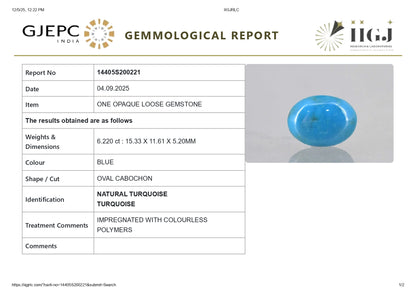 Natural Turquoise (Firoza) 6.22 Carats