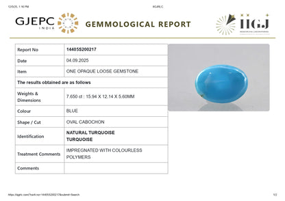 Natural Turquoise (Firoza) 7.65 Carats