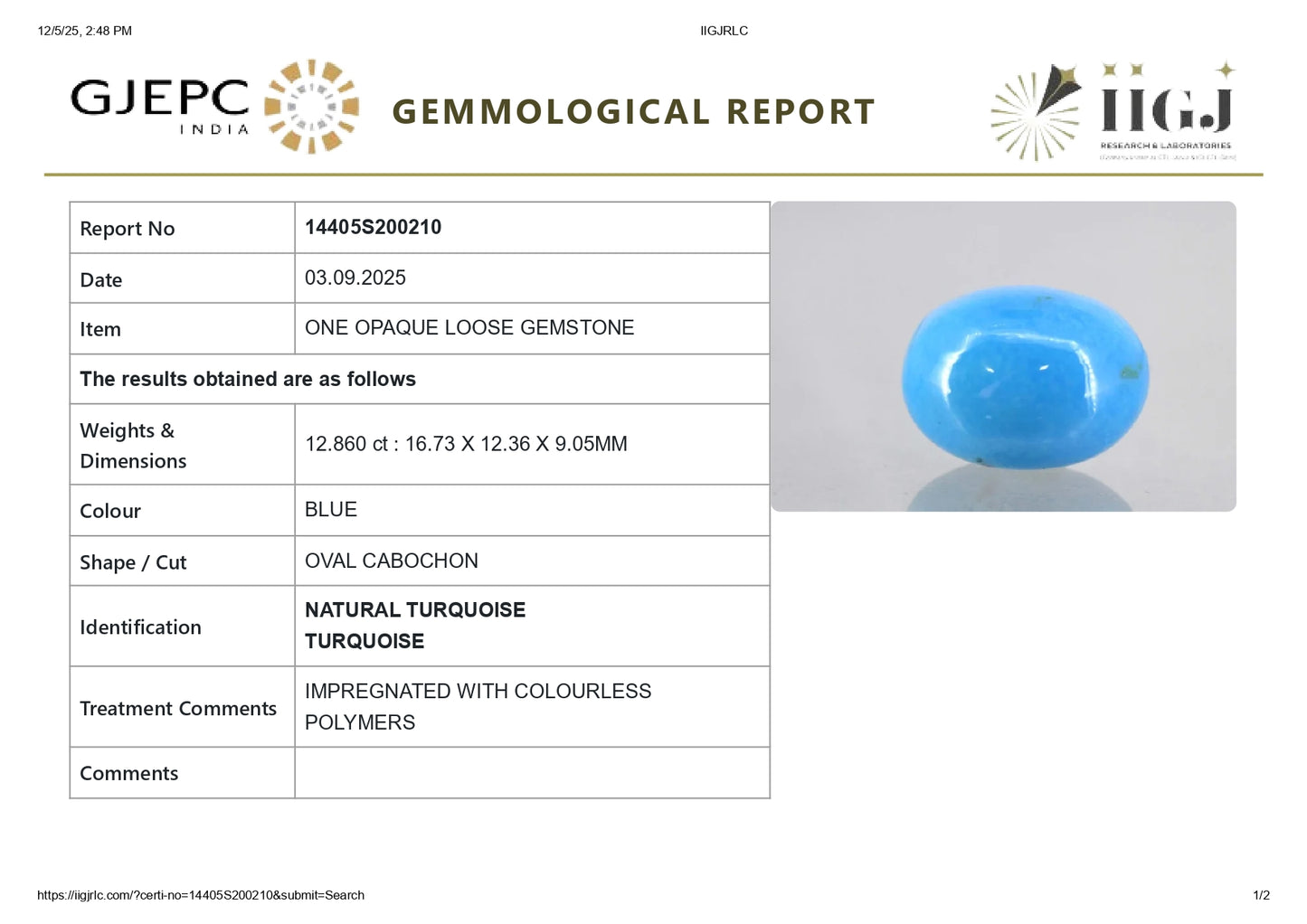 Natural Turquoise (Firoza) 12.86 Carats