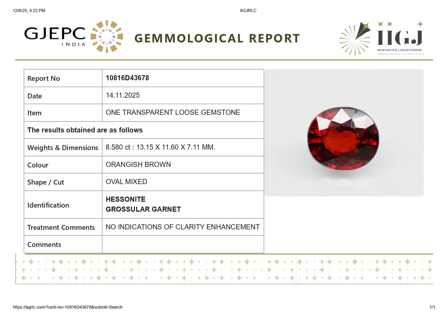 Natural Sri-Lankan Hessonite (Gomed) 8.58 Carats