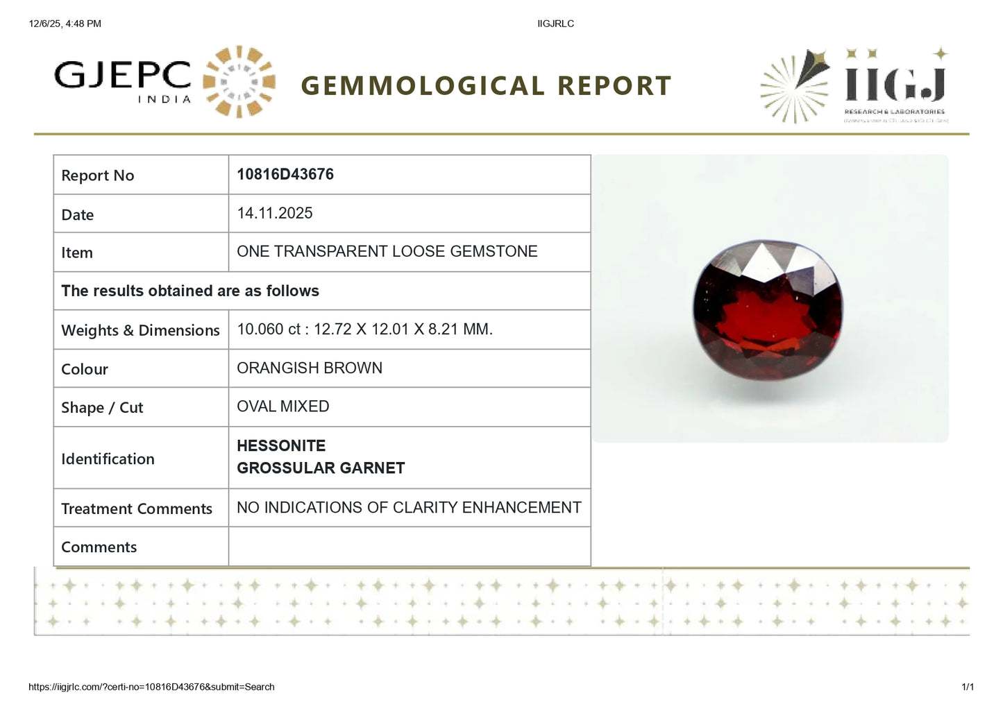 Natural Sri-Lankan Hessonite (Gomed) 10.06 Carats