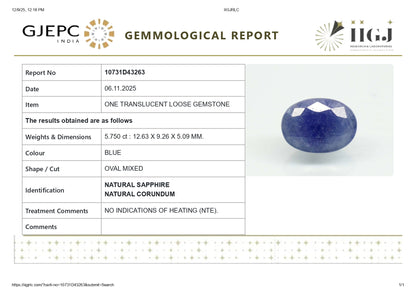 Natural Blue Sapphire (Neelam) 5.75 Carats