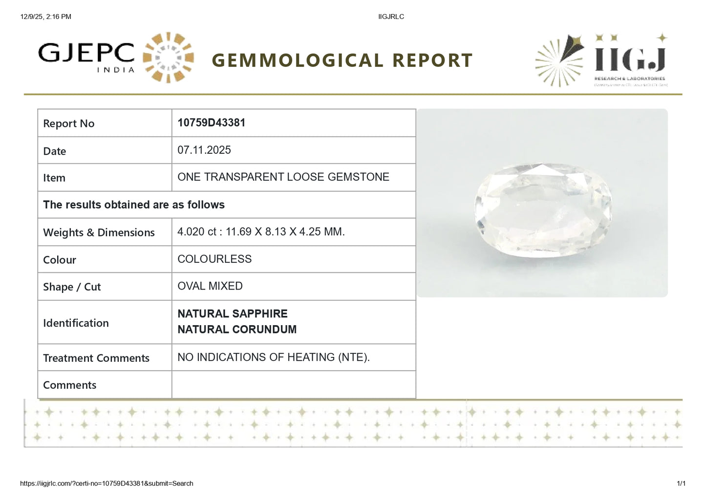 Natural White Sapphire 4.02 Carats