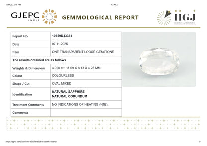Natural White Sapphire 4.02 Carats