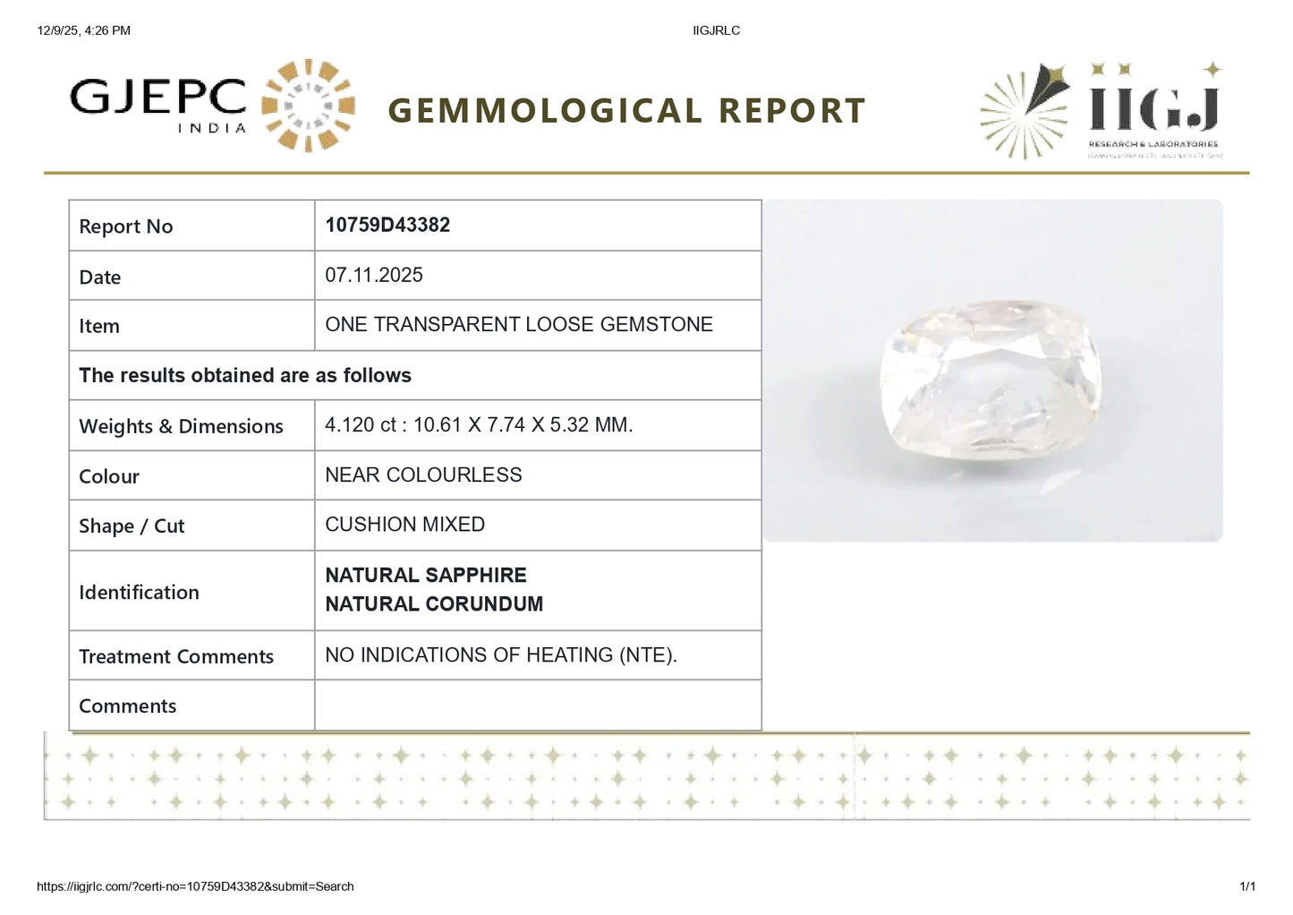 Natural White Sapphire 4.12 Carats