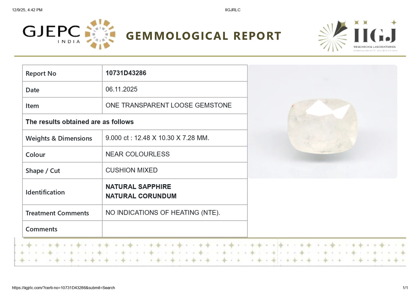 Natural White Sapphire 9.00 Carats