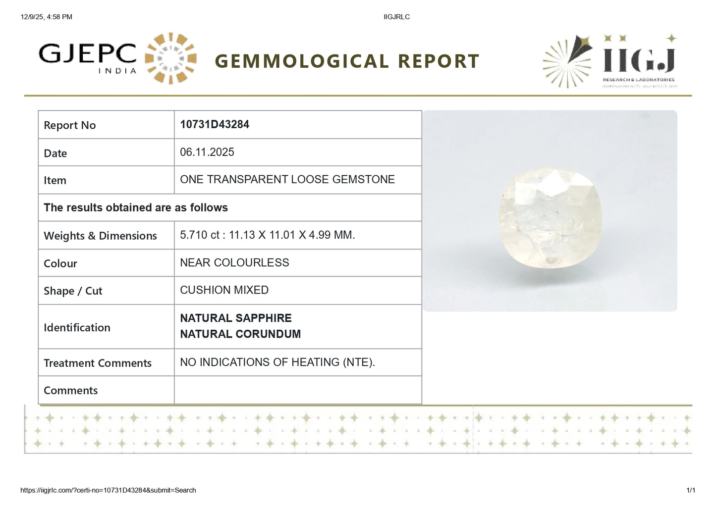 Natural White Sapphire 5.71 Carats
