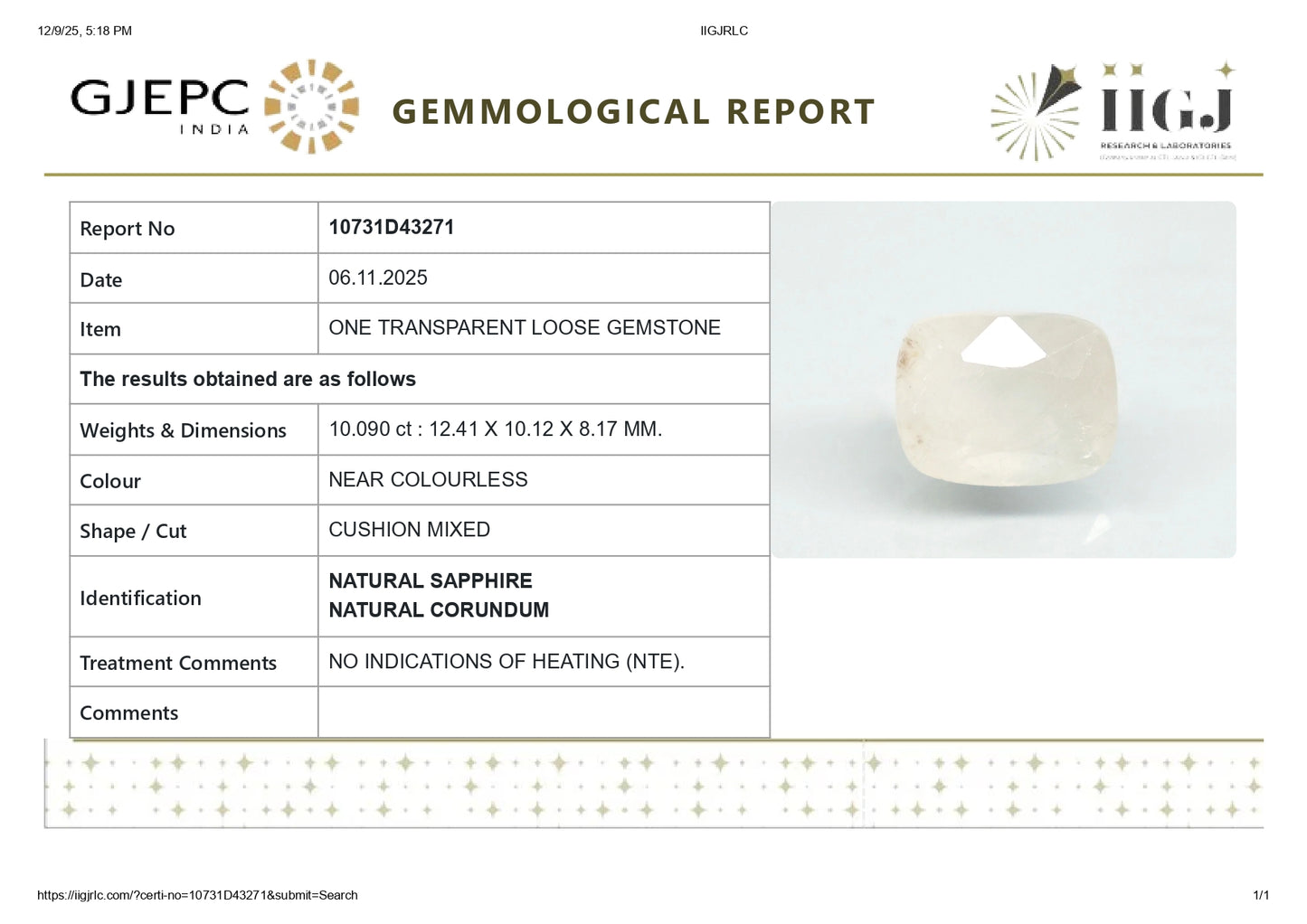 Natural White Sapphire 10.09 Carats