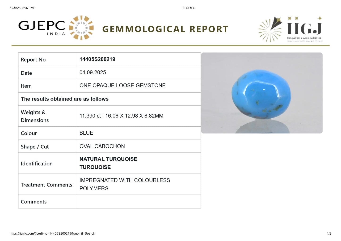 Natural Turquoise (Firoza) 11.39 Carats