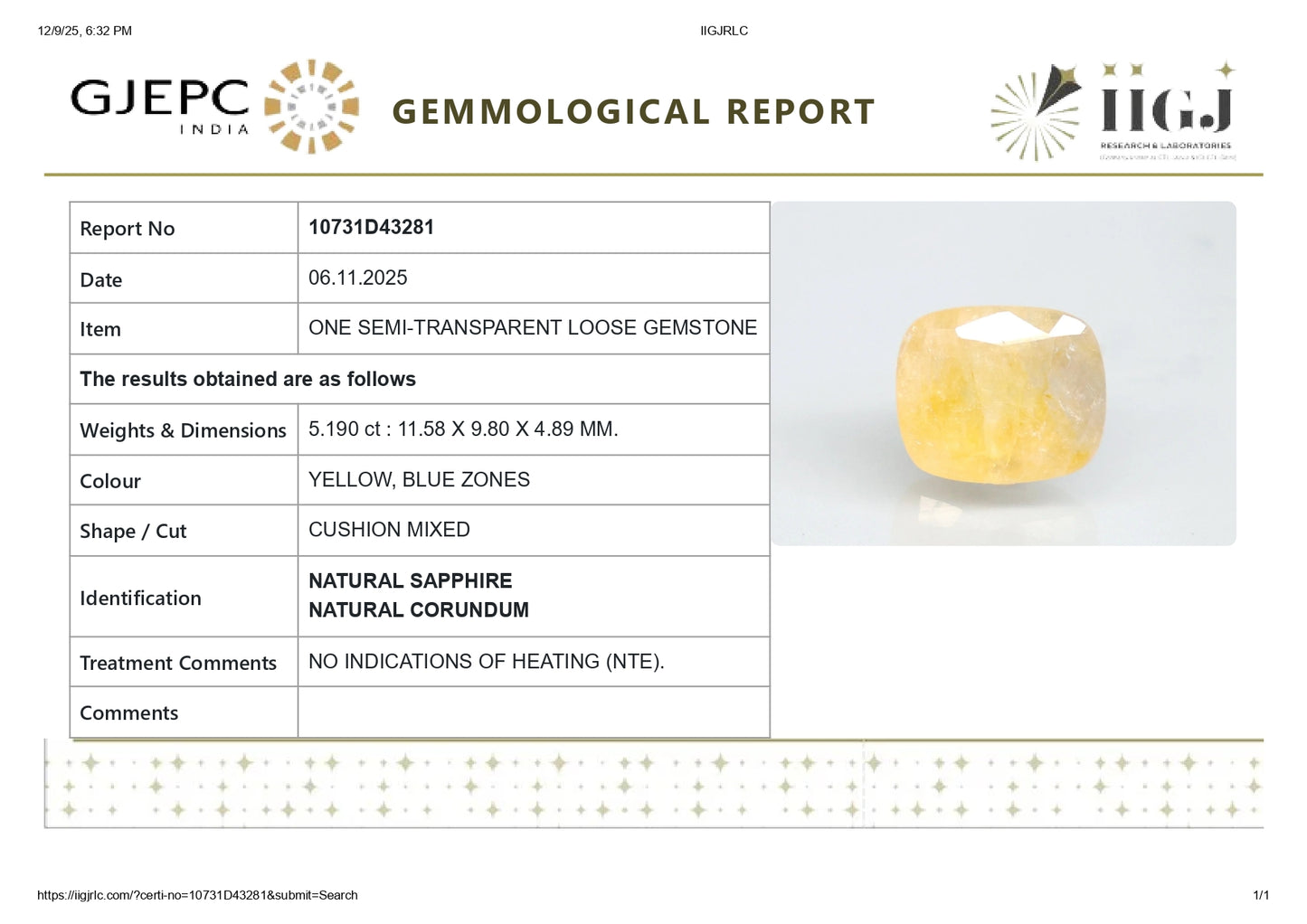 Natural Pitambari 5.19 Carats