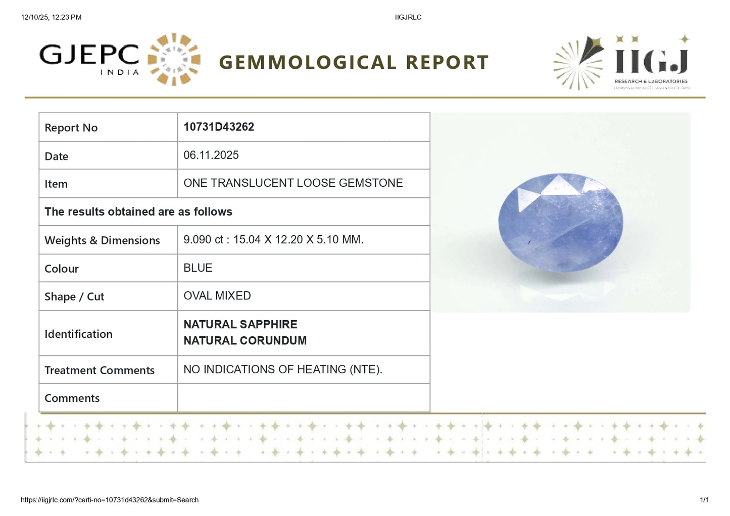 Natural Blue Sapphire (Neelam) 9.09 Carats