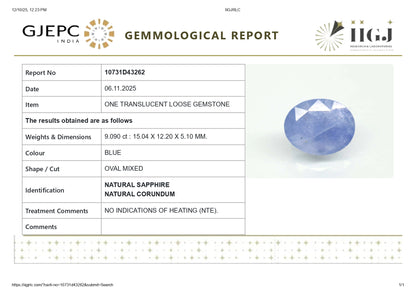 Natural Blue Sapphire (Neelam) 9.09 Carats