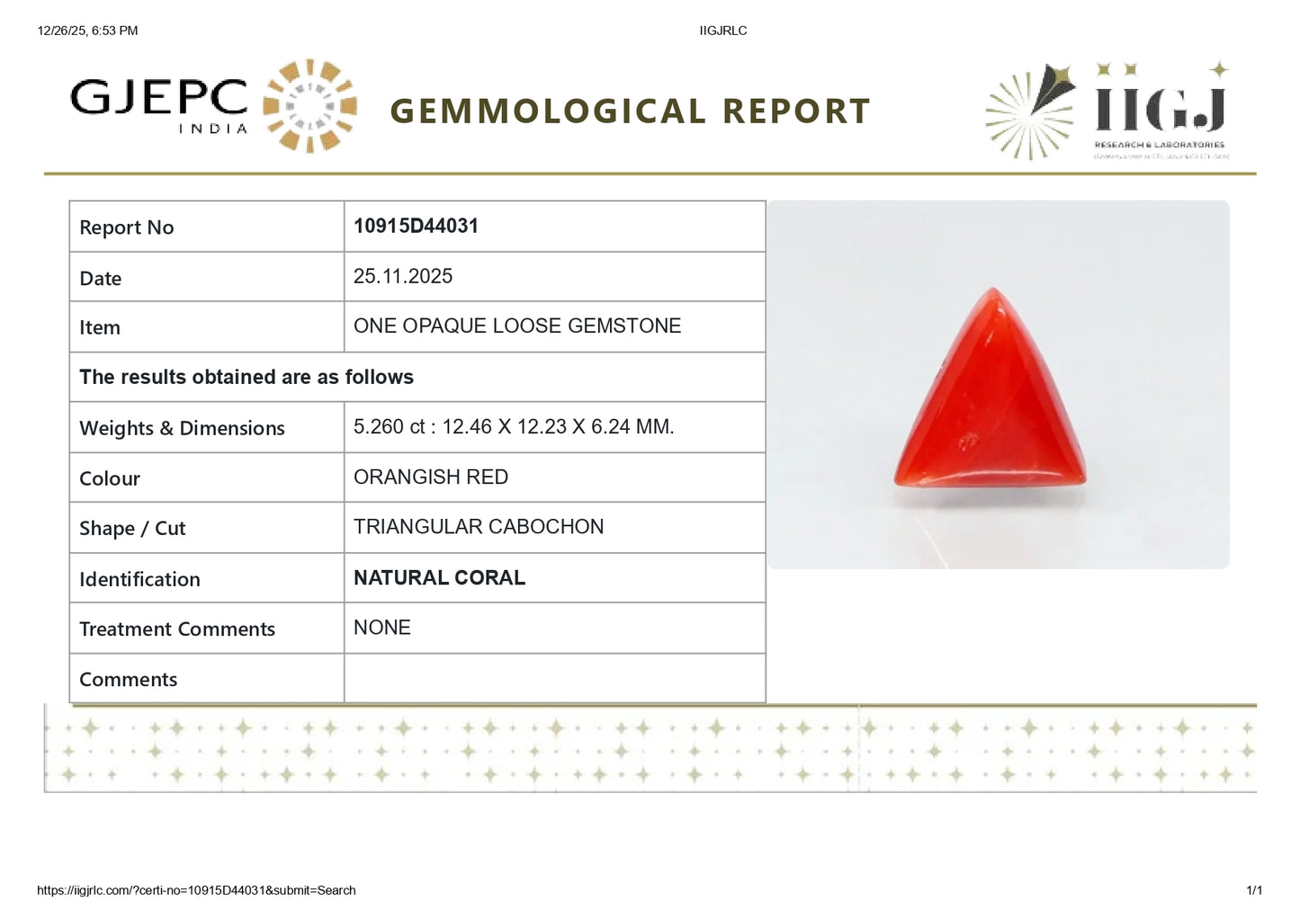 Natural Italian Red Coral (Moonga) 5.26 Carats
