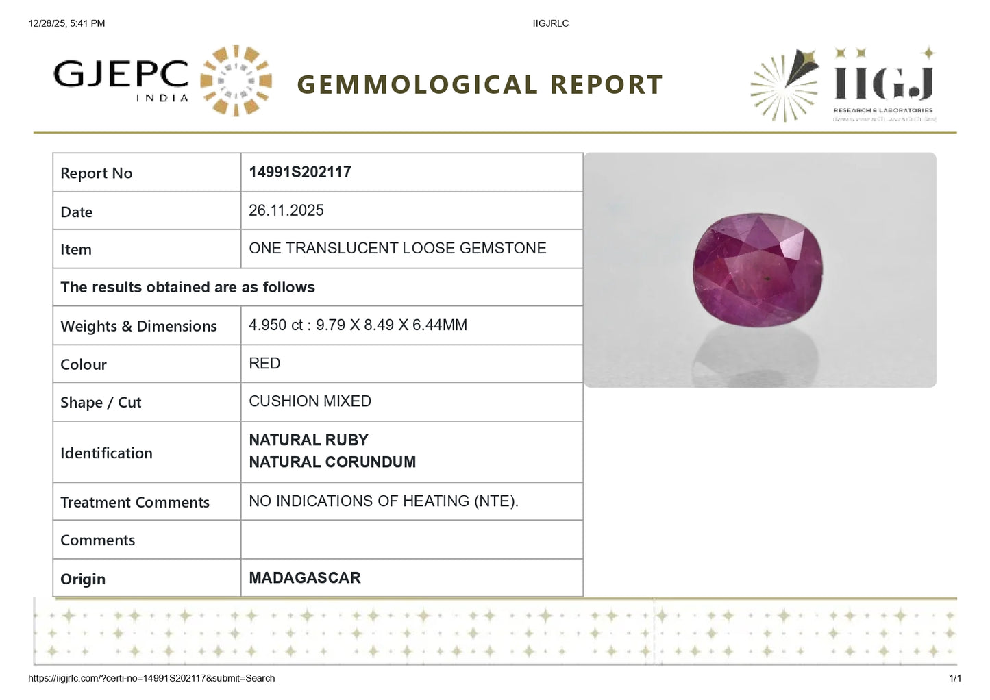 Natural Ruby (Manik) 4.95 Carats