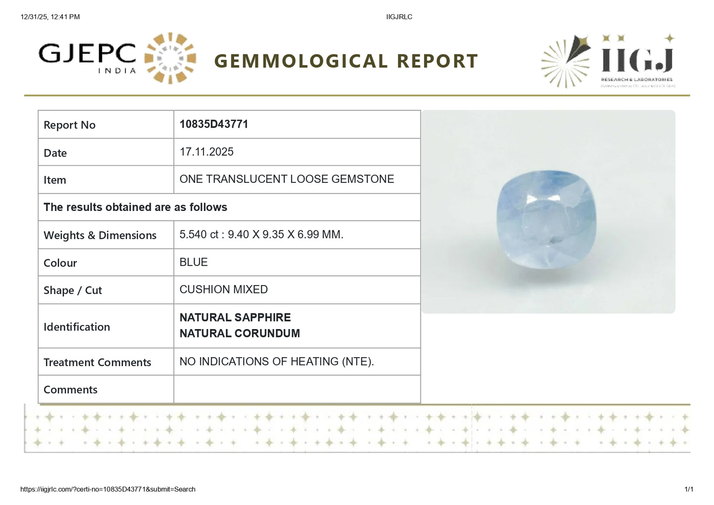 Natural Blue Sapphire (Neelam) 5.54 Carats