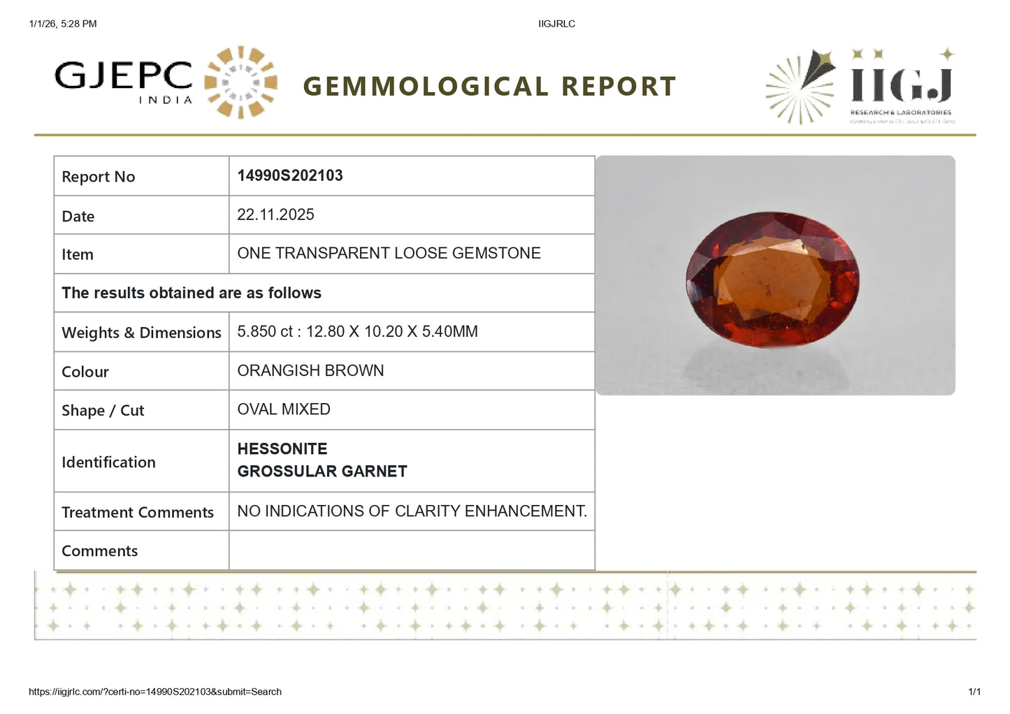 Natural Sri-Lankan Hessonite (Gomed) 5.85 Carats